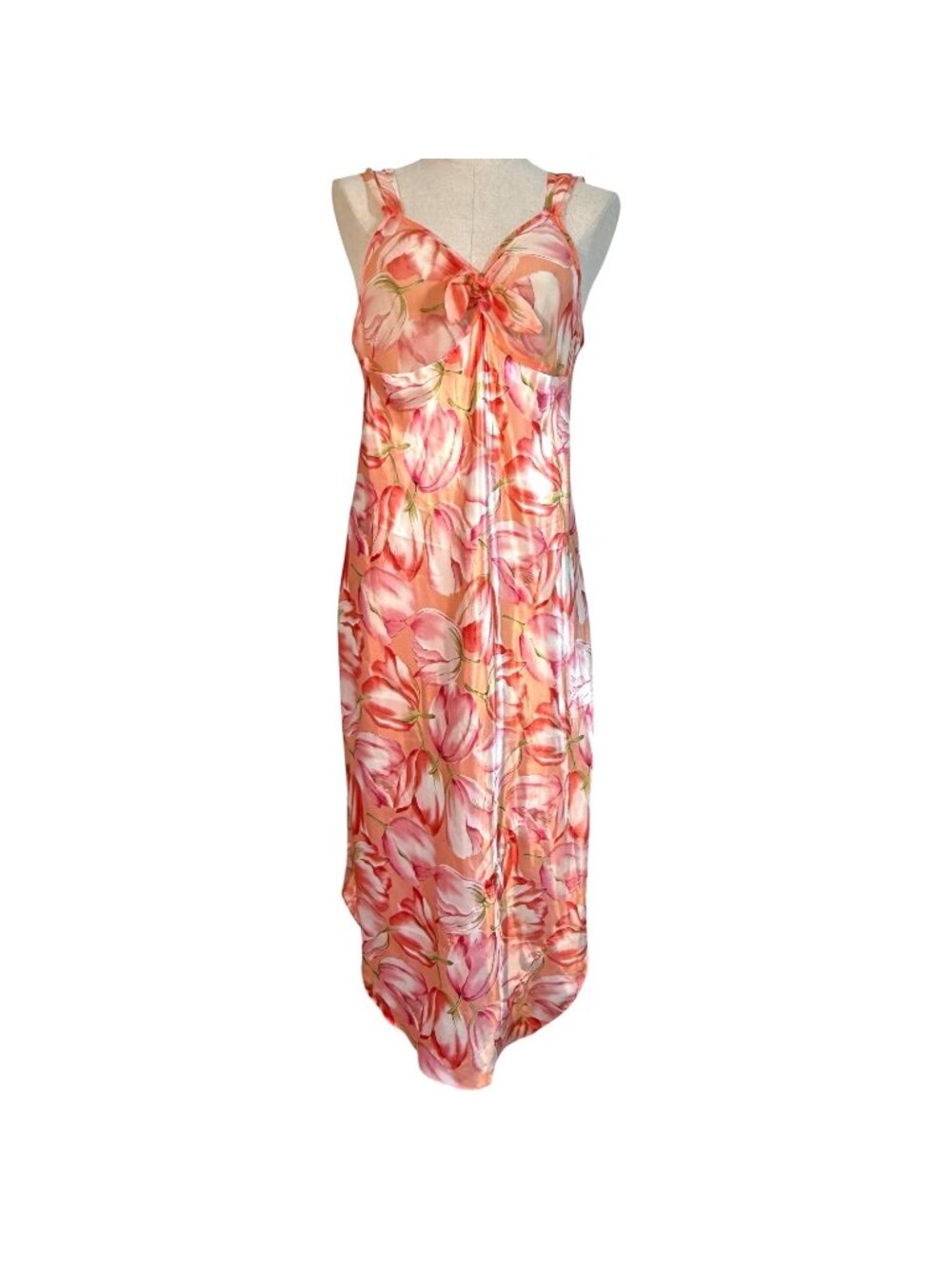 VTG Amelia’s Floral Peach Pink Tulip Nightgown Bow Size Large Made USA Side Slit - Picture 2 of 8